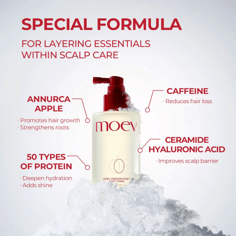 MOEV Annurcatin Hair Tonic – avancerad formula med Annurca-äpple, koffein och hyaluronsyra som stärker hår och hårbotten.