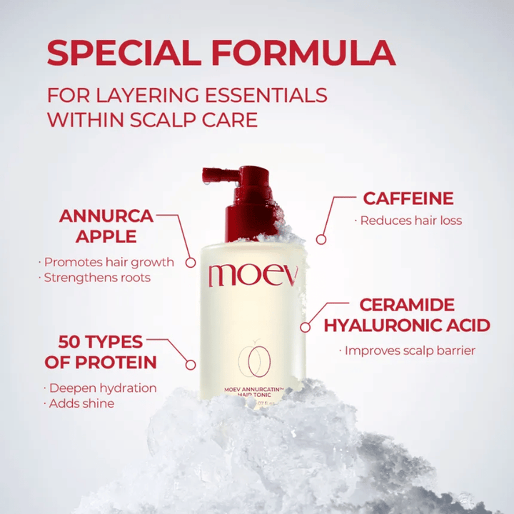 MOEV Annurcatin Hair Tonic – avancerad formula med Annurca-äpple, koffein och hyaluronsyra som stärker hår och hårbotten.