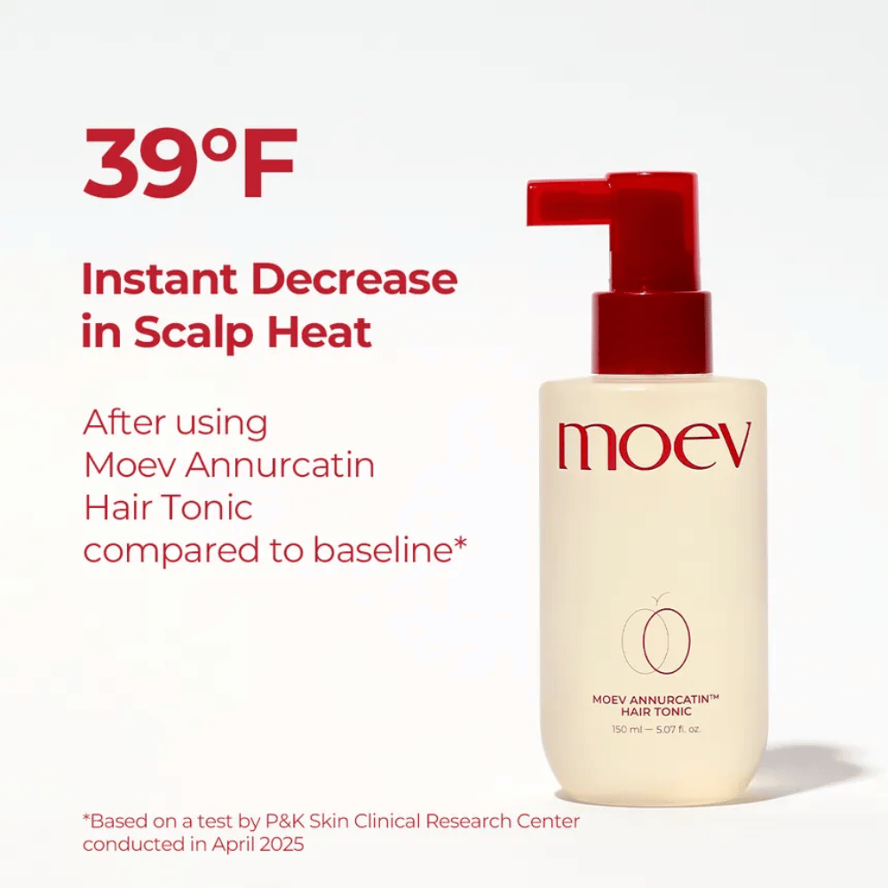 MOEV Annurcatin Hair Tonic – kliniskt testad hårvård som kyler hårbotten och minskar värme med upp till 39°F för friskare hår.