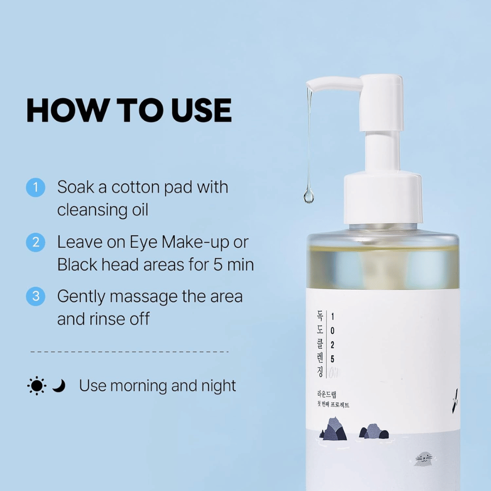 Round Lab 1025 Dokdo Cleansing Oil, som effektivt opløser makeup, solbeskyttelse og urenheder med en let og fugtgivende olietekstur