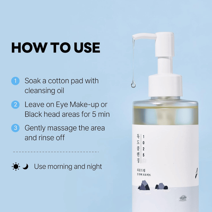 Round Lab 1025 Dokdo Cleansing Oil, som effektivt opløser makeup, solbeskyttelse og urenheder med en let og fugtgivende olietekstur