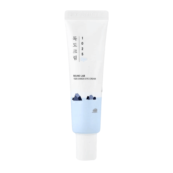 Round Lab 1025 Dokdo Eye Cream produktbillede med minimalistisk design, fugtgivende formel til sensitiv hud og forbedret hudelasticitet