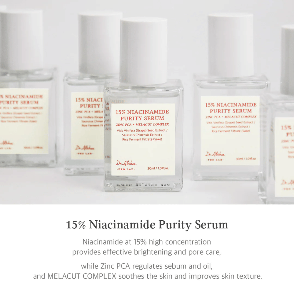 Dr. Althea 15% Niacinamide Purity Serum med høj koncentration af niacinamid for lysere hud og poreminskning. Indeholder Zinc PCA for sebumregulering og MELACUT COMPLEX for at berolige huden og forbedre teksturen. Elegant emballage for professionelt indtryk.