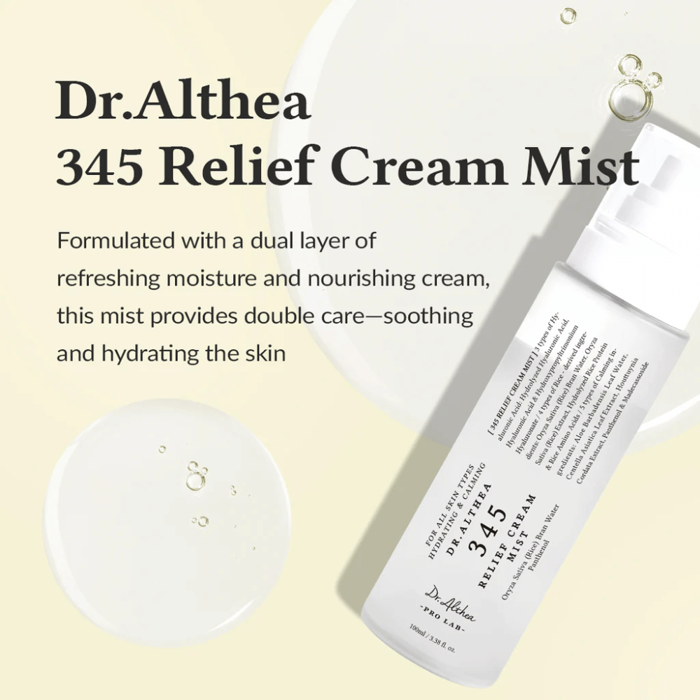 Produktbillede af Dr. Althea 345 Relief Cream Mist med beskrivelse af den beroligende og fugtgivende formula, der giver dobbelt hudpleje i et enkelt spraytrin.