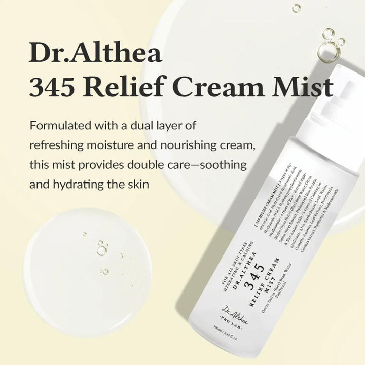 Produktbillede af Dr. Althea 345 Relief Cream Mist med beskrivelse af den beroligende og fugtgivende formula, der giver dobbelt hudpleje i et enkelt spraytrin.