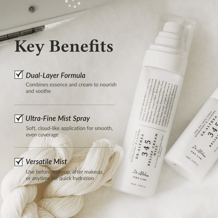 Dr. Althea 345 Relief Cream Mist med fokus på fordele som dobbelt-lag-formula, ultrafin mist og alsidig anvendelse for hurtig og jævn fugt.