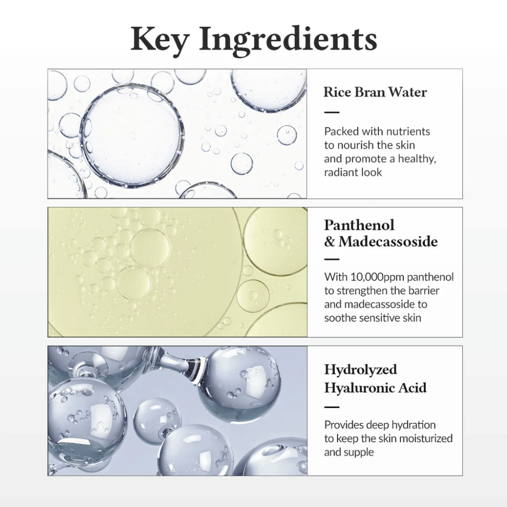 Nøgleingredienser i Dr. Althea 345 Relief Cream Mist, med risvand, panthenol, madecassoside og hydrolyseret hyaluronsyre, der styrker hudbarrieren og giver dyb fugt.