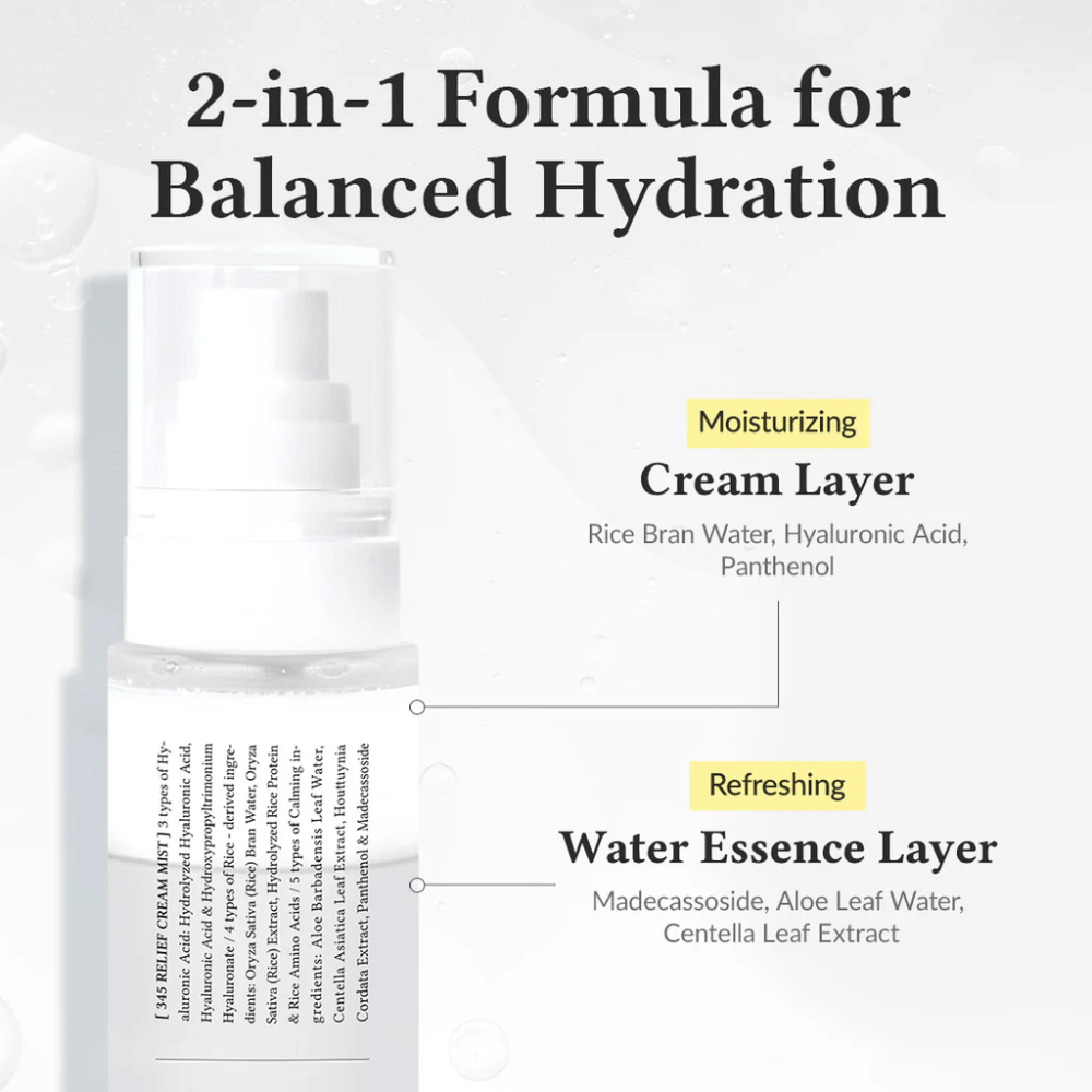 Illustration af Dr. Althea 345 Relief Cream Mist med to lag, et fugtgivende cream layer og en opfriskende water essence layer for balanceret og langvarig fugt.