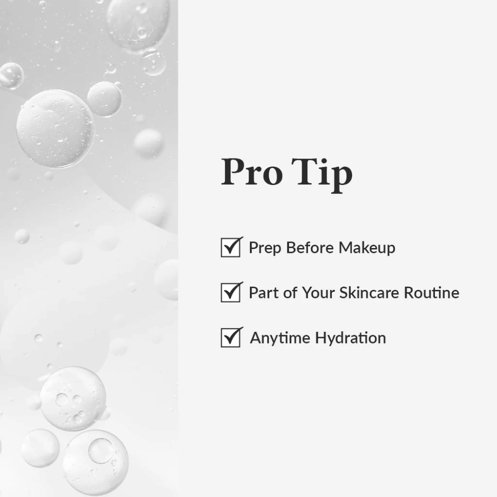 Pro Tip-grafik, der viser, hvordan Dr. Althea 345 Relief Cream Mist bruges til fugt før makeup, som en del af hudplejerutinen eller når som helst i løbet af dagen.