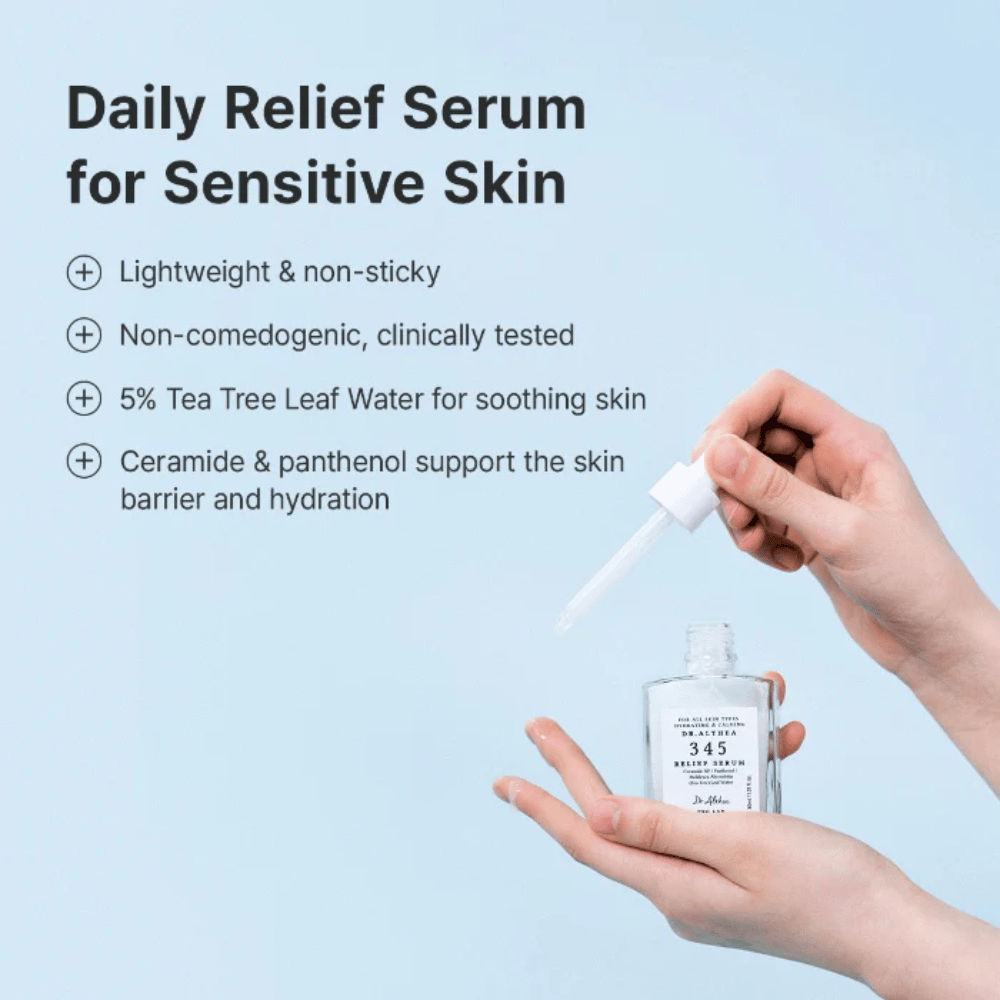 Dr. Althea 345 Relief Serum med ceramider, panthenol og tea tree-vand til sensitiv hud og langvarig fugt.