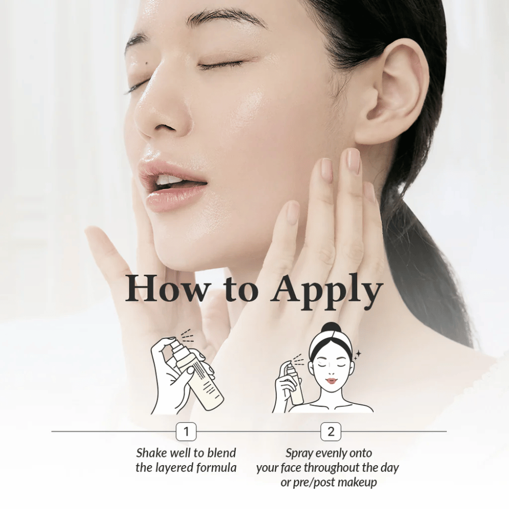 Hvordan man påfører Dr. Althea 345 Relief Cream Mist, hvor modellen sprayer ansigtet for jævn fugt før og efter makeup med en finfordelt mist.