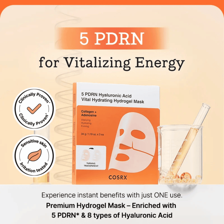 COSRX 5 PDRN Vital Hydrating Hydrogel Mask med hyaluronsyre og kollagen, klinisk testet for glød, fastere hud og forbedret hudbarriere