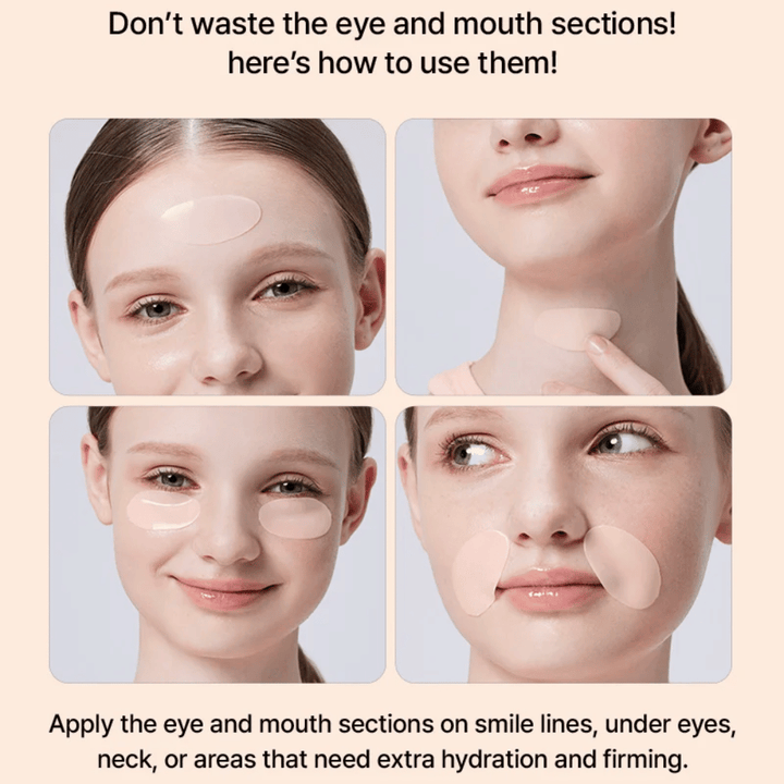 COSRX 5 PDRN Hydrogel Mask anvendelse under øjne, på hals og rundt om mund for ekstra fugtgivning, opstramning og reducerede fine linjer