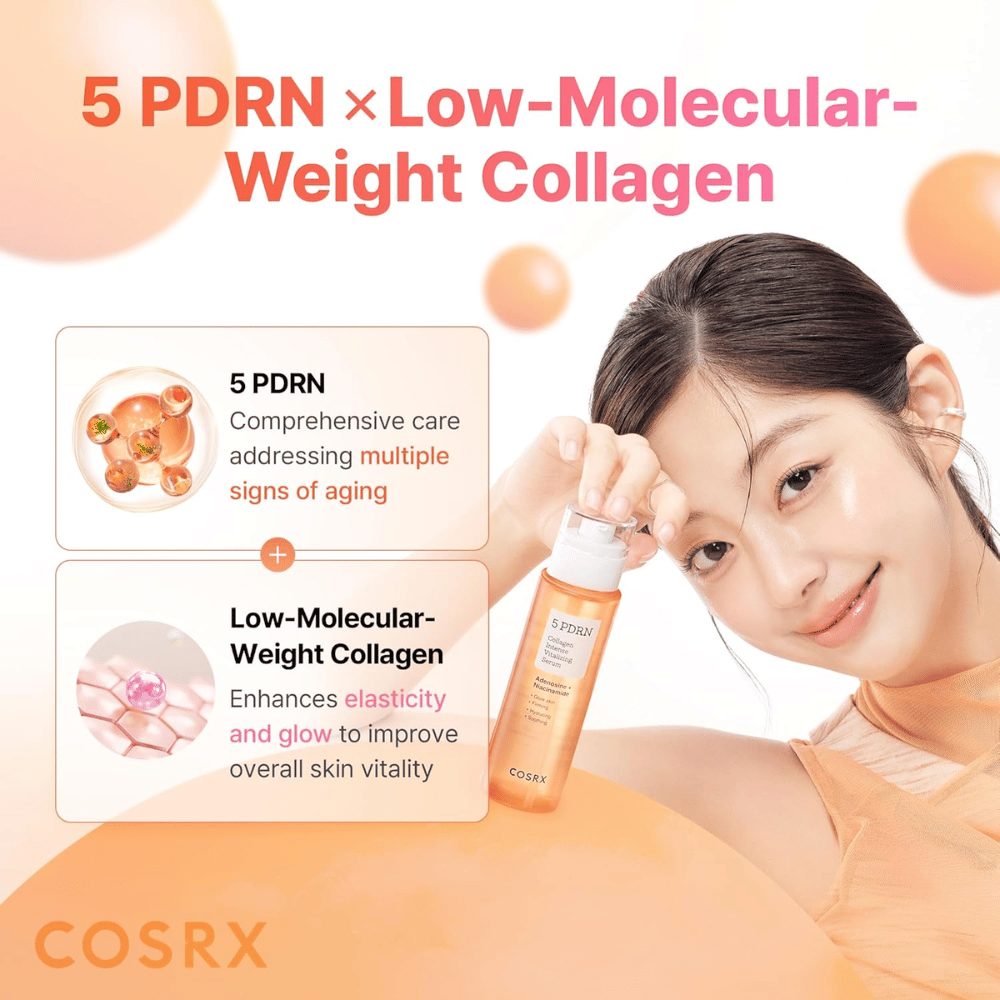 COSRX 5 PDRN Collagen Intense Vitalizing Serum med kollagen med lav molekylevægt, som giver fastere hud, glød og anti-age-effekt