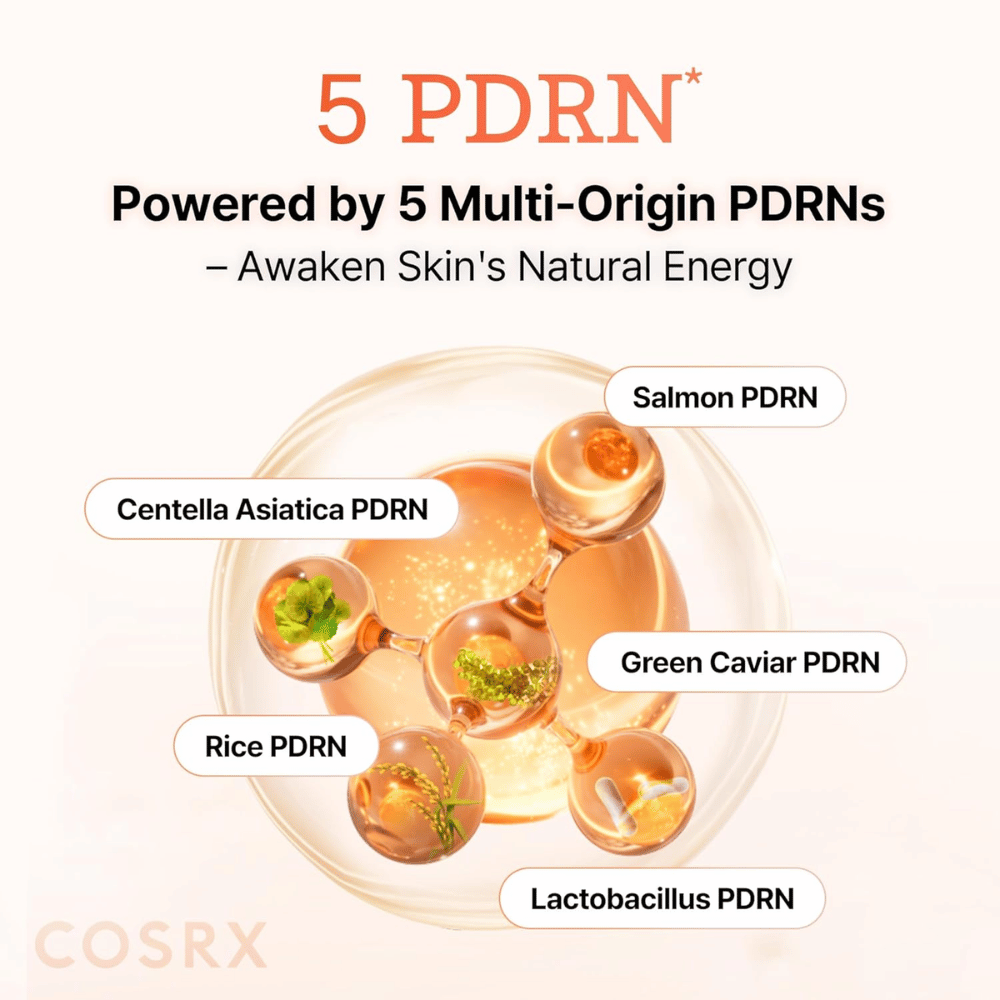 COSRX 5 PDRN serum med multi-origin PDRN fra laks, centella asiatica, ris og probiotika, som styrker huden og forbedrer elasticiteten