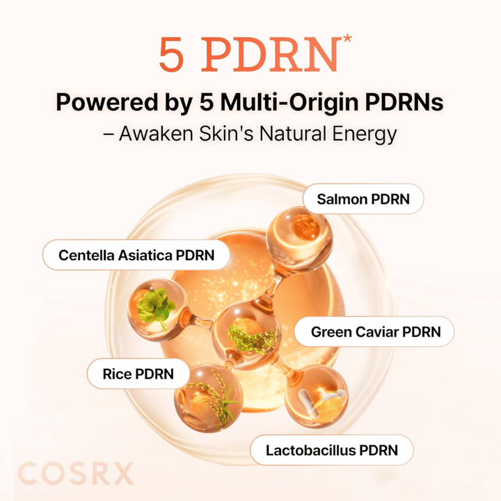 COSRX 5 PDRN serum med multi-origin PDRN fra laks, centella asiatica, ris og probiotika, som styrker huden og forbedrer elasticiteten