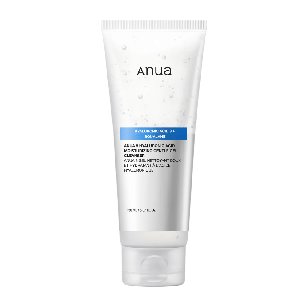 Produktbillede på Anua 8 Hyaluronic Acid Moisturizing Gentle Gel Cleanser i hvid tube. Skånsom gelrens, der styrker hudens fugtbarriere og giver blød, balanceret hud.