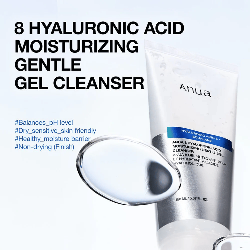 Anua 8 Hyaluronic Acid Moisturizing Gentle Gel Cleanser 150 ml mod blå baggrund. Mild gelrens med squalane der fugter og passer til følsom hud.