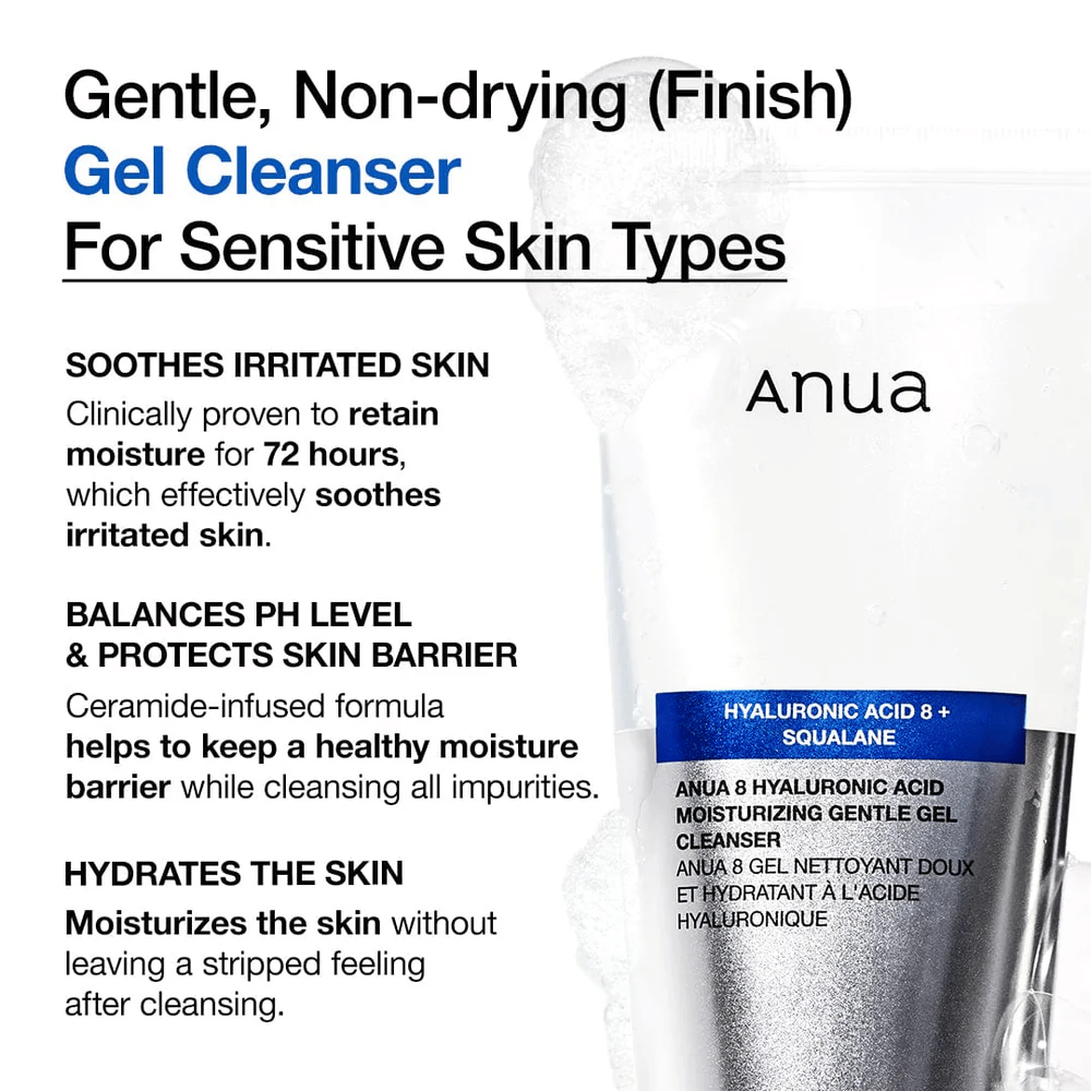 Anua 8 Hyaluronic Acid Moisturizing Gentle Gel Cleanser med tekst, der fremhæver produktets egenskaber: fugter i 72 timer, balancerer pH og beskytter hudbarrieren.