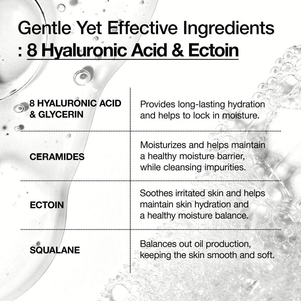 Grafisk præsentation af Anuas nøgleingredienser: 8 typer hyaluronsyre, ceramider, ectoin og squalane der fugter, beroliger og styrker hudbarrieren.