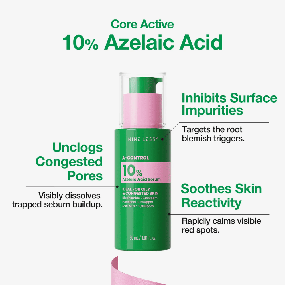 NINELESS A-Control serum med 10% azelainsyre hjælper med at modvirke tilstoppede porer, urenheder og synlig rødme.