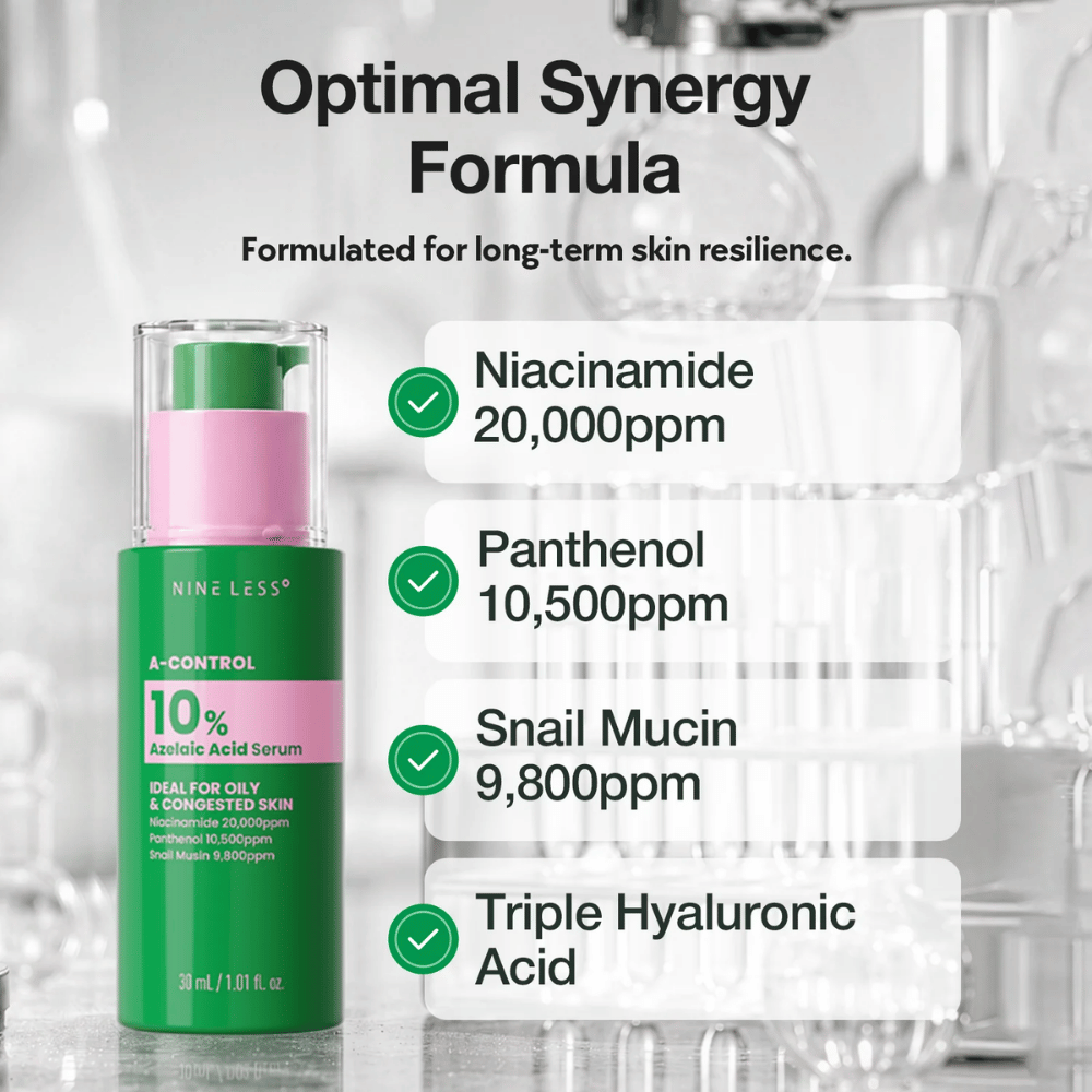 NINELESS A-Control 10% Azelaic Acid Serum med niacinamid, panthenol, snail mucin og hyaluronsyre til en balanceret og fugtet hud.