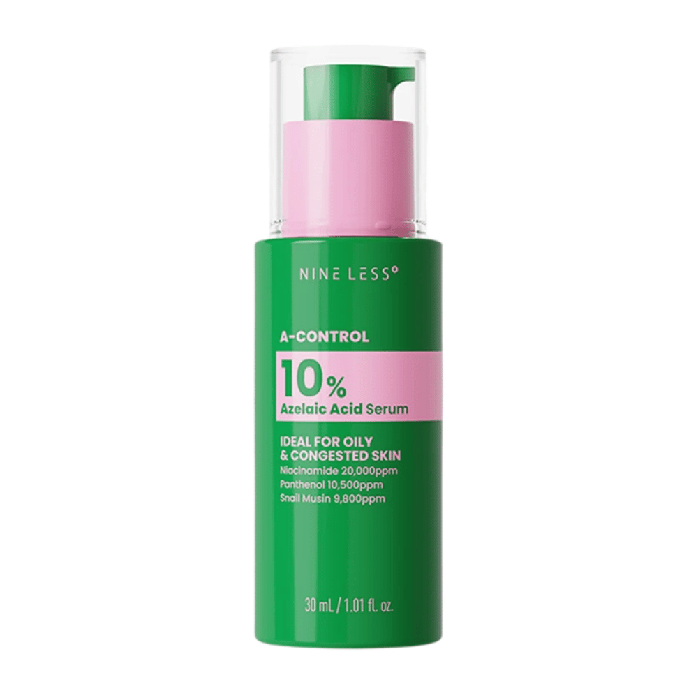 NINELESS A-Control 10% Azelaic Acid Serum 30 ml i grøn pumpeflaske til fedtet og tilstoppet hud.