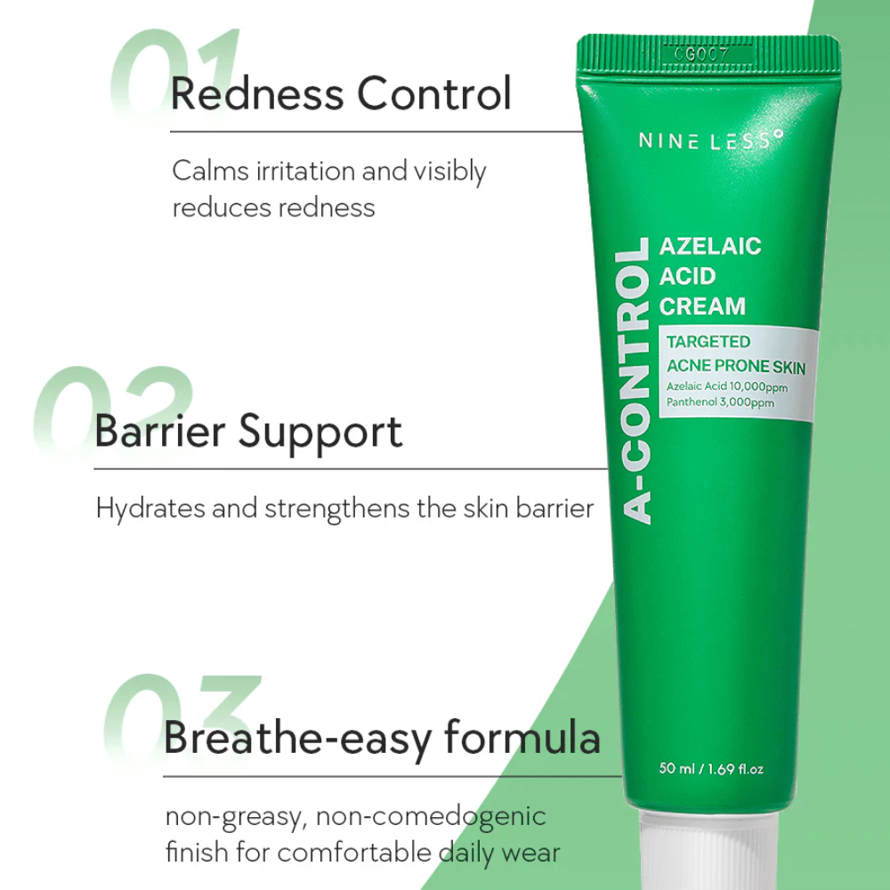 NINELESS A-Control Azelaic Acid Cream – koreansk ansigtscreme med azelainsyre, der hjælper med at mindske rødme, styrke hudbarrieren og give en let, ikke-fedtet finish.