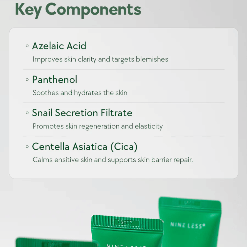 NINELESS A-Control Azelaic Acid Cream ingredienser – ansigtscreme med azelainsyre, panthenol, snail mucin og Centella Asiatica, der hjælper med at berolige huden og forbedre hudens klarhed.