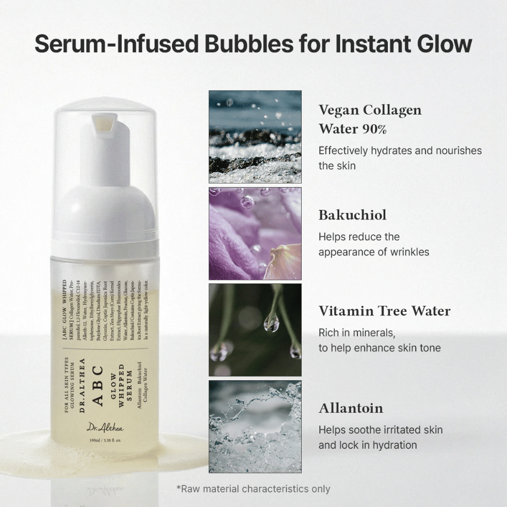 Billede – ingredienser (EEAT + ranking)
Dr. Althea ABC Glow Whipped Serum med vegansk kollagen, bakuchiol, vitamin tree water og allantoin, som fugter, beroliger og forbedrer hudens struktur.