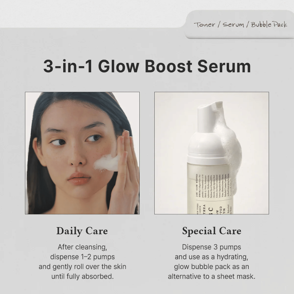 Billede – anvendelse (daily vs special care)
Dr. Althea ABC Glow Whipped Serum bruges som dagligt serum eller som fugtgivende bubble mask for ekstra glow og intensiv hudpleje.