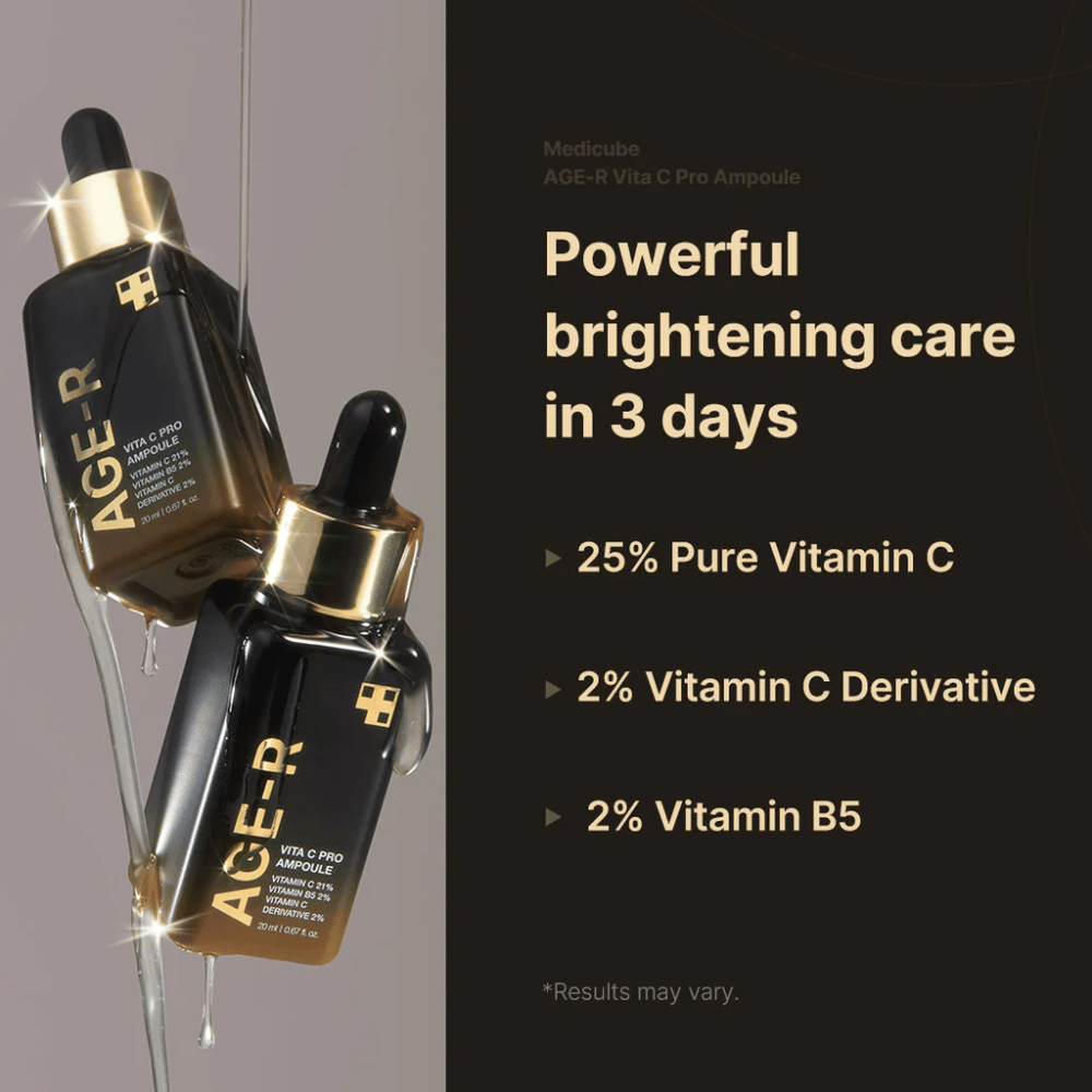 Billede af Medicube Age-R Vita C Pro Ampoule, der fremhæver produktets lysnende effekt inden for 3 dage. Produktet indeholder 25% ren vitamin C, 2% vitamin C-derivat og 2% vitamin B5. Flaskerne vises med gyldne detaljer og en pipette til påføring.
