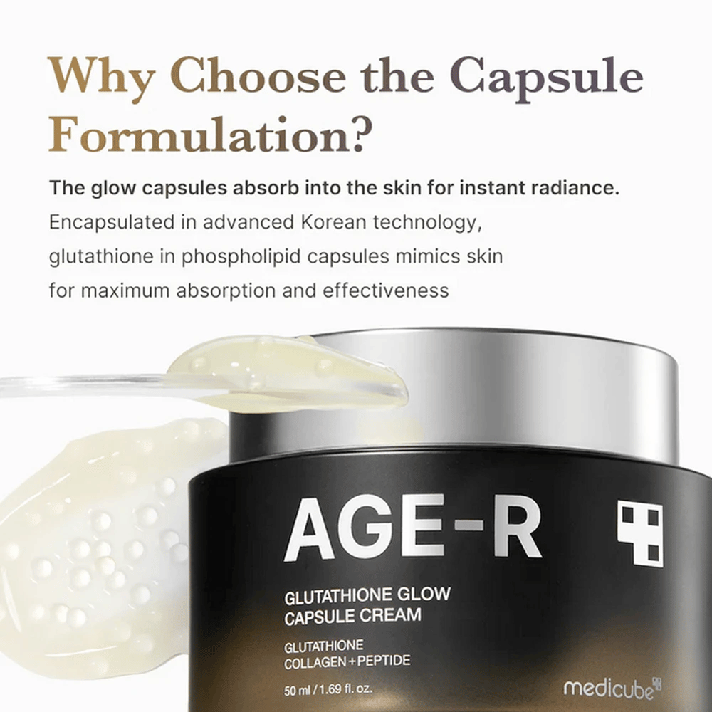 Medicube Age-R Glutathione Glow Capsule Cream markedsføres med en forklaring om fordelene ved kapselformuleringen. Glutathionkapsler absorberes hurtigt i huden for øjeblikkelig glød, takket være avanceret koreansk teknologi, der efterligner hudens egne mekanismer for maksimal effekt.