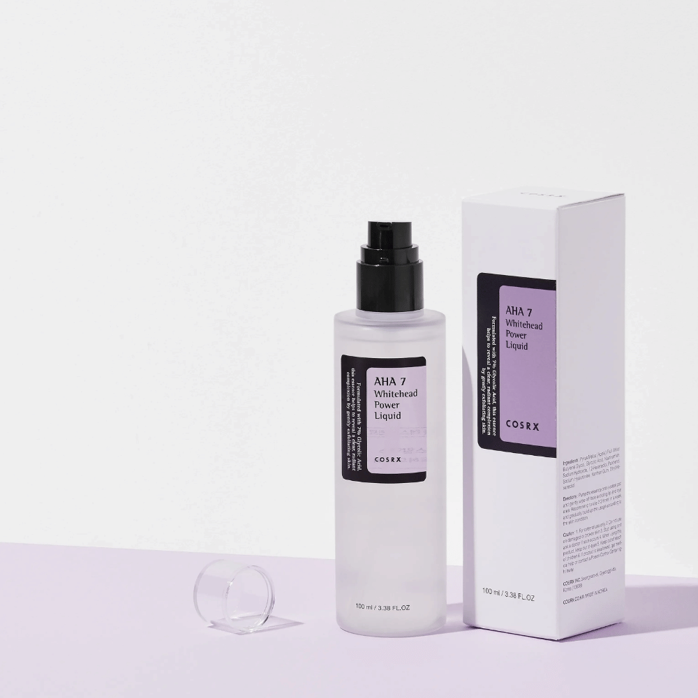 COSRX AHA 7 Whitehead Power Liquid med emballage, eksfolierende ansigtsvand med 7 % AHA for at modvirke hvide hudorme og udjævne hudtonen.