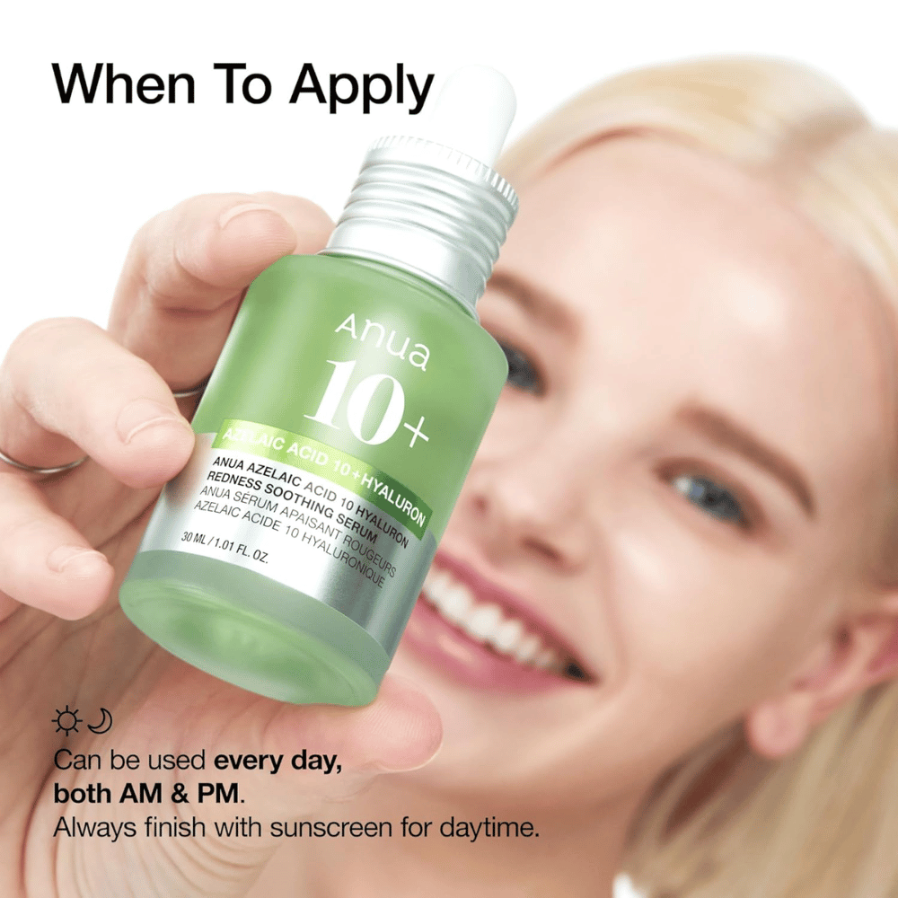 ANUA Azelaic Acid 10+ Hyaluron er et beroligende serum, der reducerer rødme og fugter huden. Perfekt til daglig brug både morgen og aften. Indeholder azelainsyre og hyaluronsyre for at balancere og styrke hudens barriere. Brug altid solbeskyttelse om dagen.