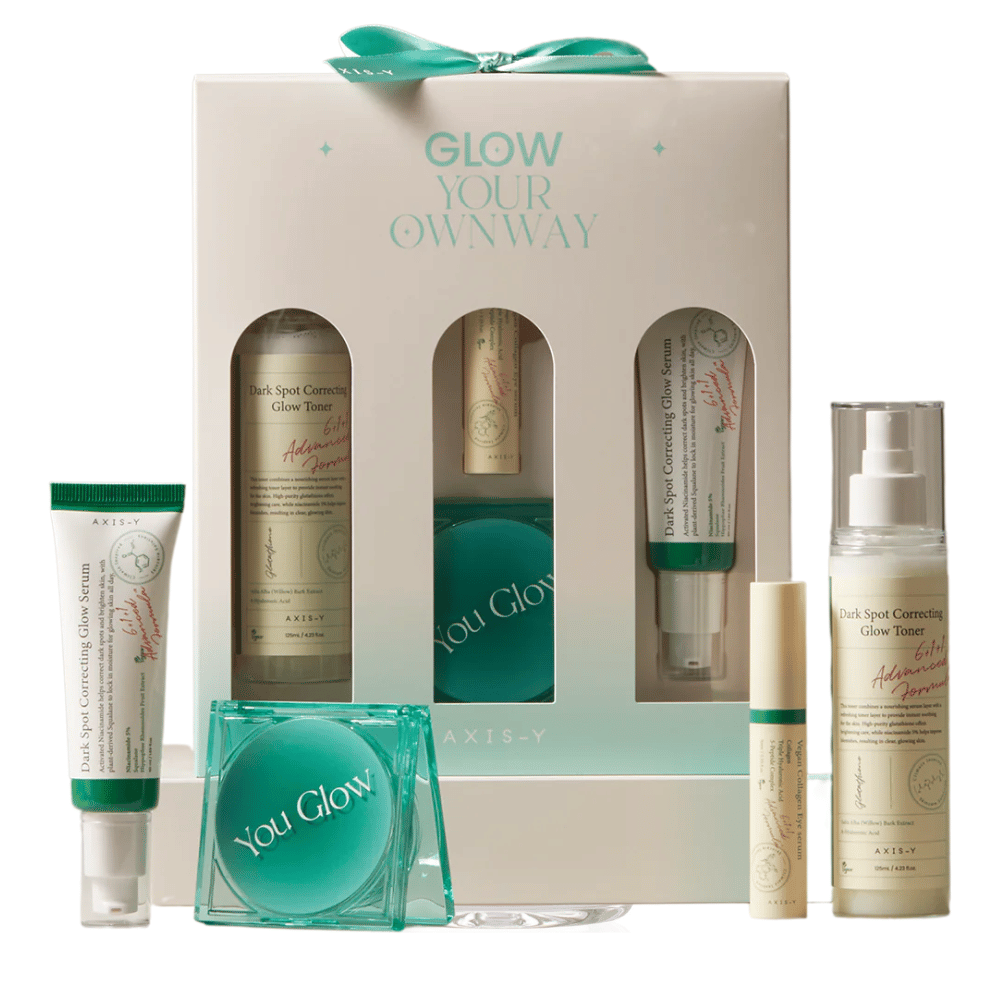 AXIS-Y Glow Your Own Way Beauty Box – et komplet sæt med vegansk hudpleje, der reducerer pigmentpletter, fugter og giver glød. Perfekt til en jævnere hudtone!