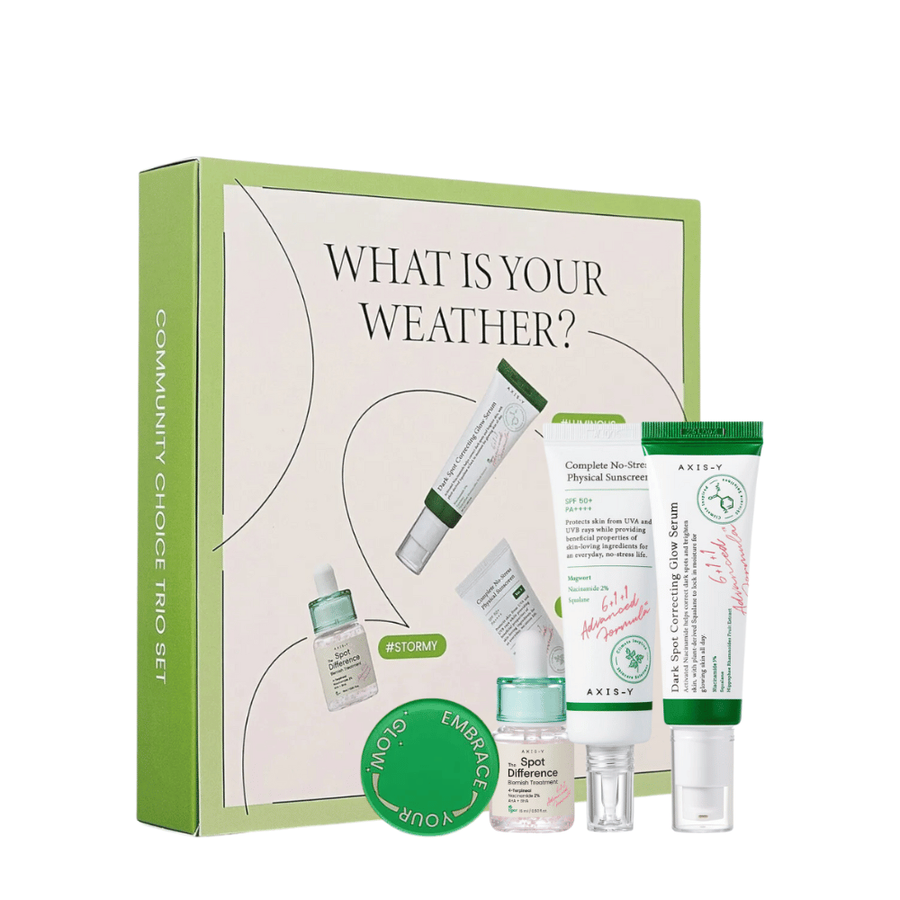 AXIS-Y "What is your weather?" Hudplejesæt i grøn pakning inkluderer fem produkter: solcreme, fugtighedscreme, serum, behandlingsgel og ansigtsmaske, tilpasset forskellige hudtyper og klimaer.