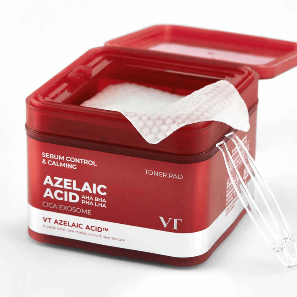 Åben krukke med VT Azelaic Acid Toner Pad og pincet – for nem og hygiejnisk anvendelse.