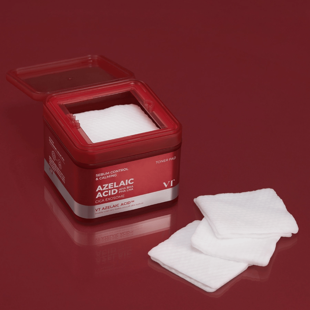 VT Azelaic Acid Toner Pad – eksfolierende og beroligende pads med AHA, BHA, PHA og LHA for balanceret, klar hud.