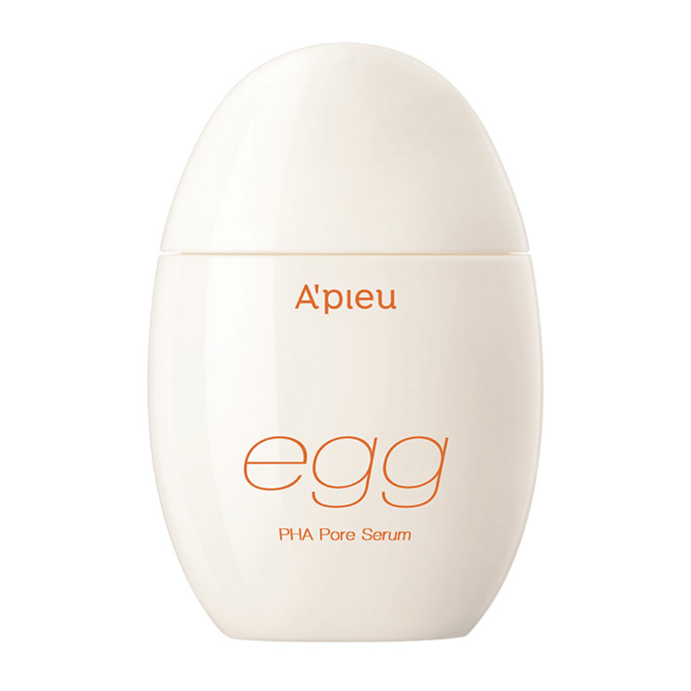 A’pieu Egg PHA Pore Serum i æggeformet, beige emballage med orange tekst – et koreansk serum, der eksfolierer mildt og minimerer porer.