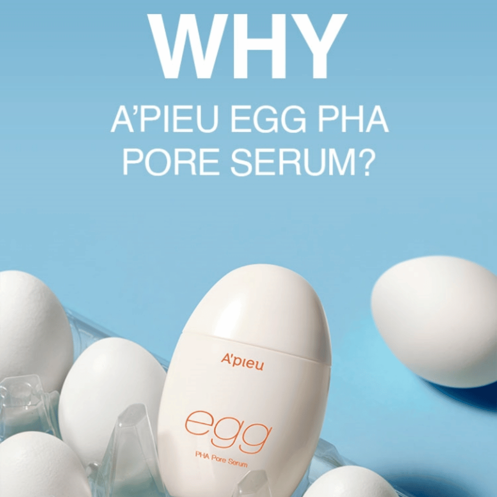 A’pieu Egg PHA Pore Serum i æggeformet emballage blandt hvide æg i en æggebakke – et koreansk serum for forfinede porer og skånsom eksfoliering.