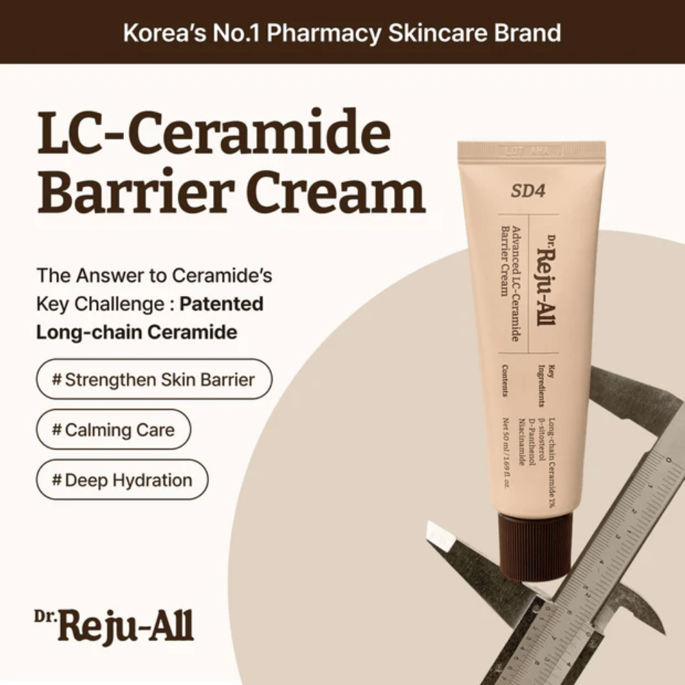 Dr. Reju-All Advanced LC-Ceramide Barrier Cream fra Korea – barrierecreme med patenterede langkædede ceramider til dyb fugtning, beroligende pleje og beskyttelse mod ydre irritation.