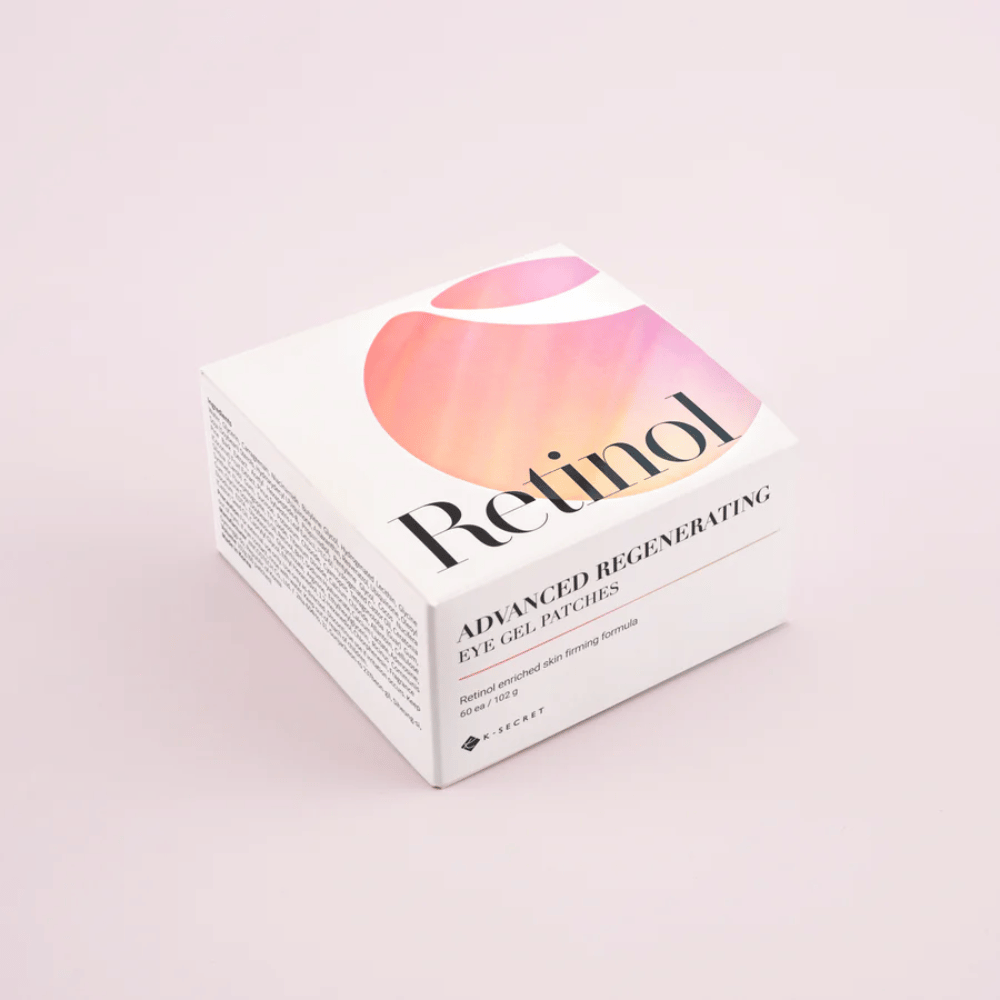 Pakke af K-Secret Advanced Regenerating Eye Gel Patches med retinol i hvidt og lyserødt design.