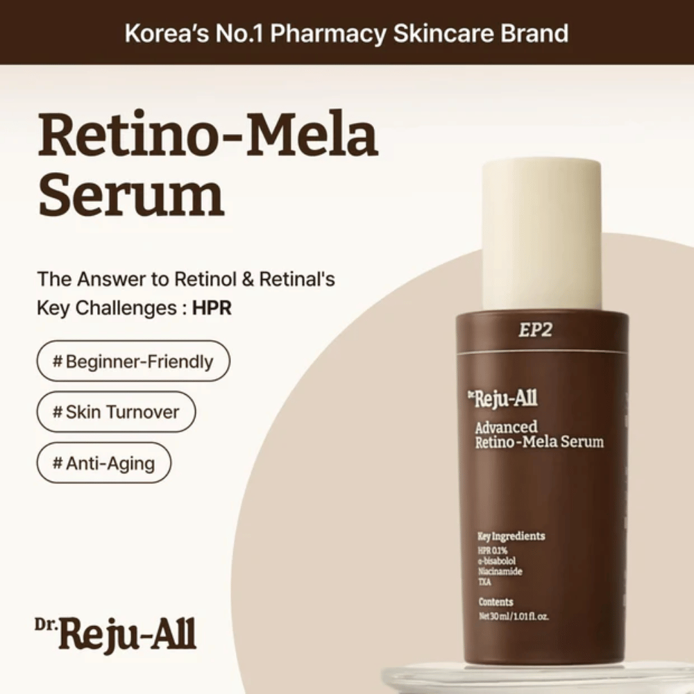 Dr. Reju-All Advanced Retino-Mela Serum EP2 – HPR-baseret retinolalternativ, der er mildere end retinol og retinal, udviklet til jævnere hudtone, hudfornyelse og anti-age.