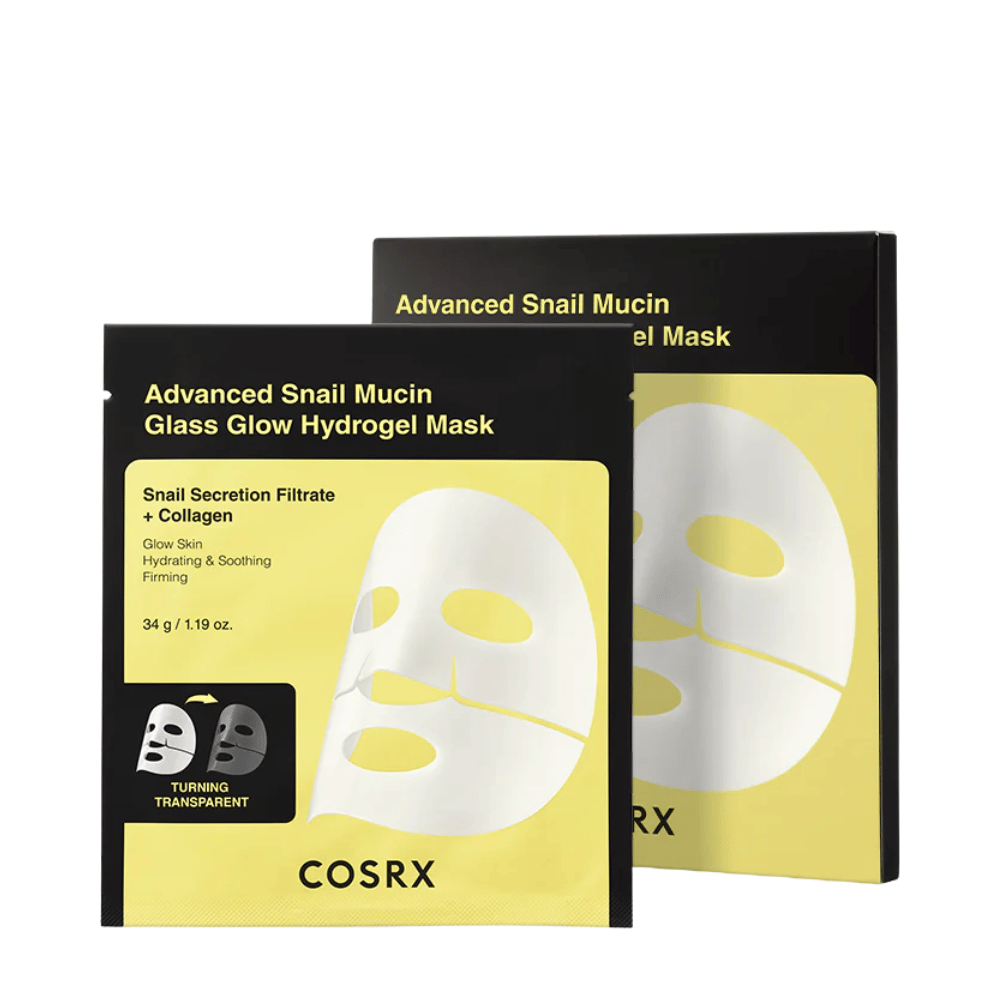 Emballage af COSRX Advanced Snail Mucin Glass Glow Hydrogel Mask – fugtgivende maske med snegleslim og kollagen.