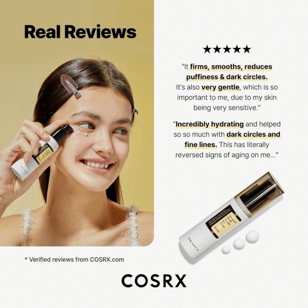 COSRX Advanced Snail Peptide Eye Cream påføres under øjnene – Øjencreme med 73,7% snail mucin og peptider mod mørke rande, hævelse og fine linjer