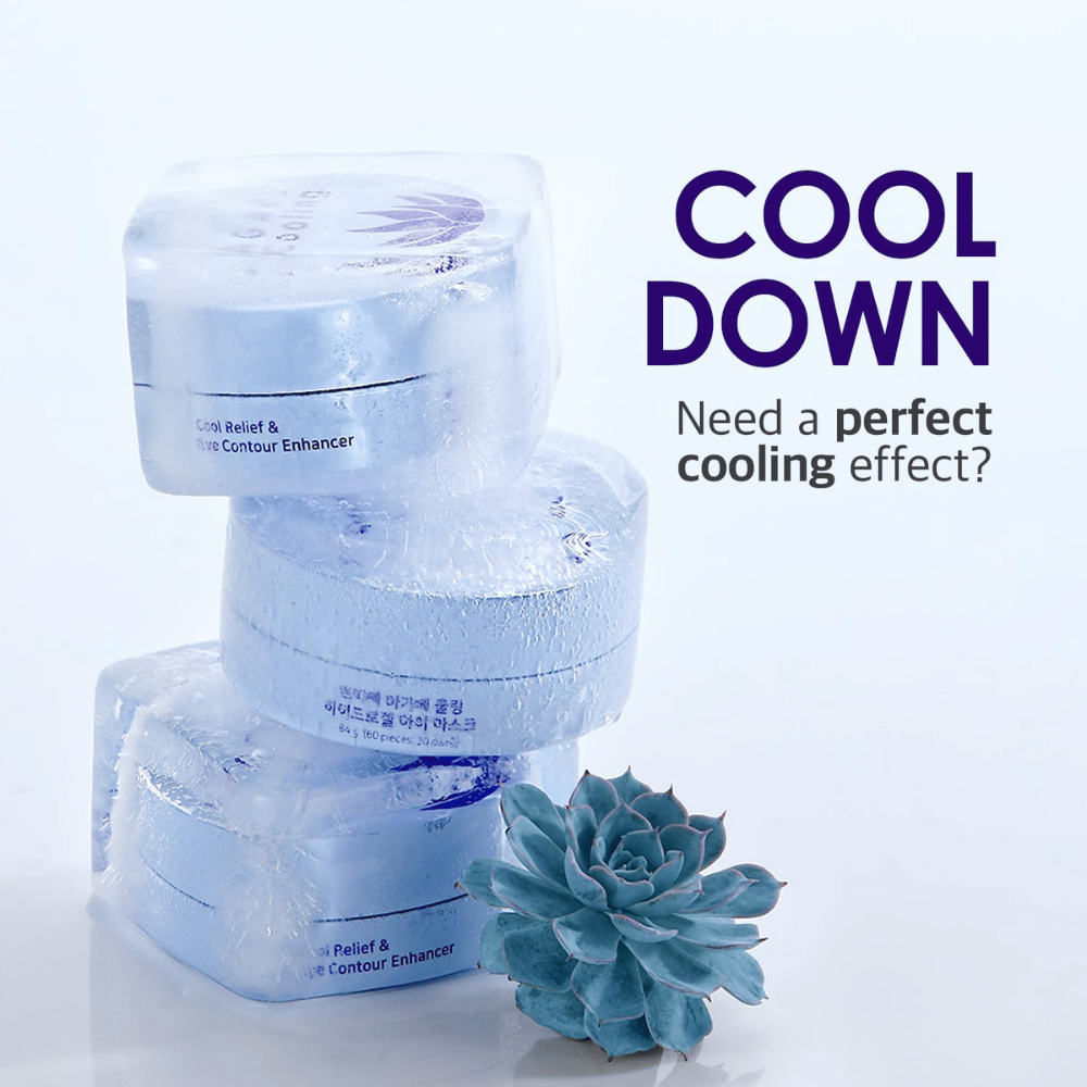 Kampagnebillede af PETITFEE Agave Cooling Hydrogel Eye Mask med et iskoldt og kølende tema. Billedet fremhæver produktets kølende effekt og friske følelse til trætte øjne.