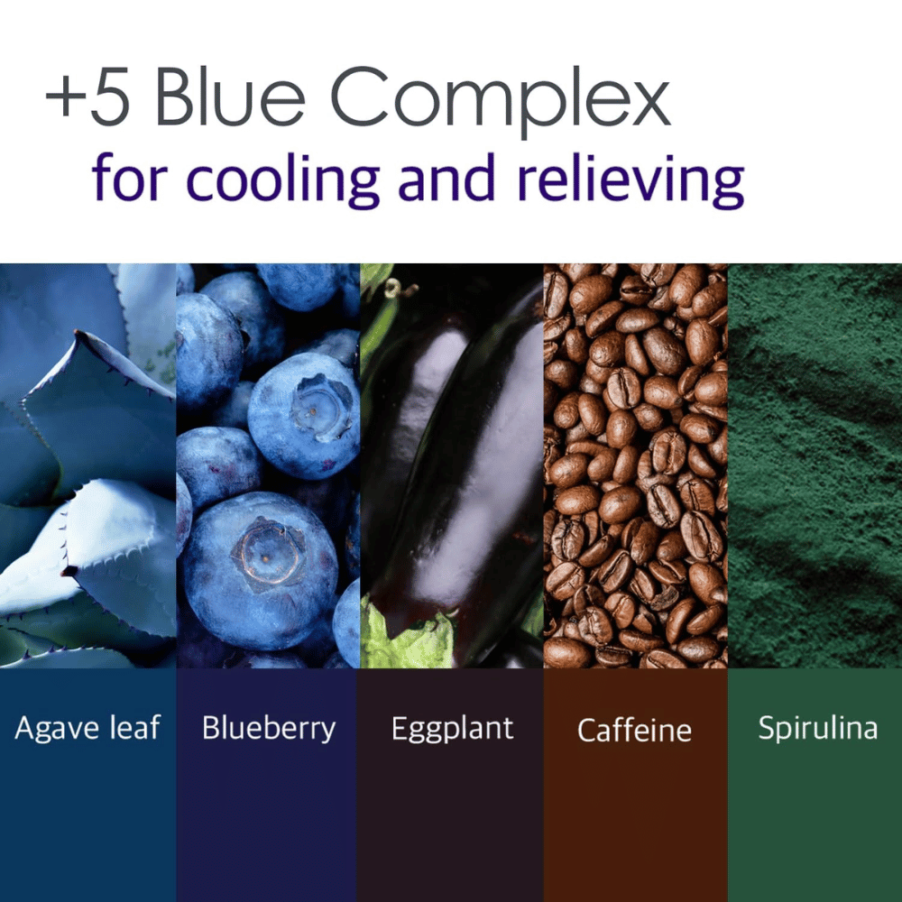 Informationsbillede om “5 Blue Complex” med ingredienser som agaveblade, blåbær, aubergine, koffein og spirulina. Fokus er på kølende og beroligende egenskaber for huden.