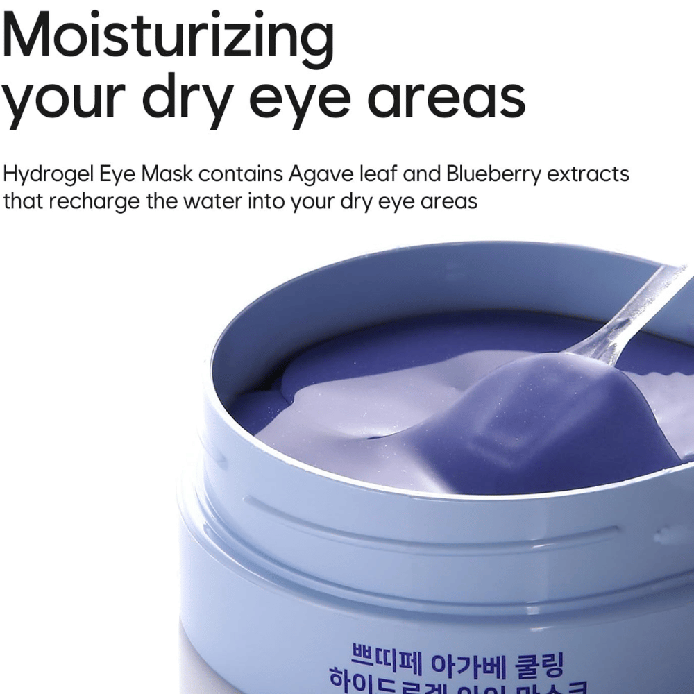 Produktbillede af Agave Cooling Hydrogel Eye Mask med fokus på fugt til tørre områder omkring øjnene. Billedet viser hydrogel-formlen og den medfølgende spatel.