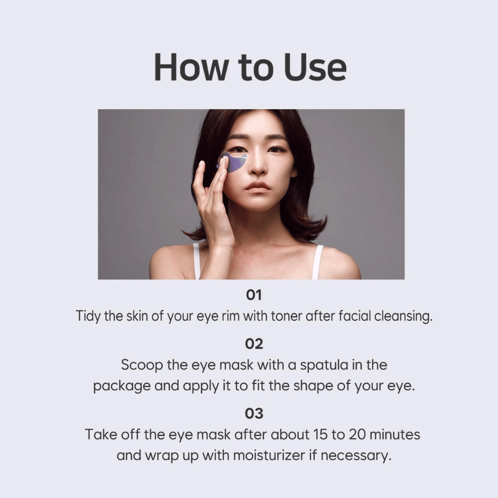 Instruktionsbillede, som viser hvordan PETITFARM Hydrogel Eye Mask påføres efter rens og toner. Guiden beskriver trin for trin, hvordan eye patches bruges til fugt og kølende pleje omkring øjnene.